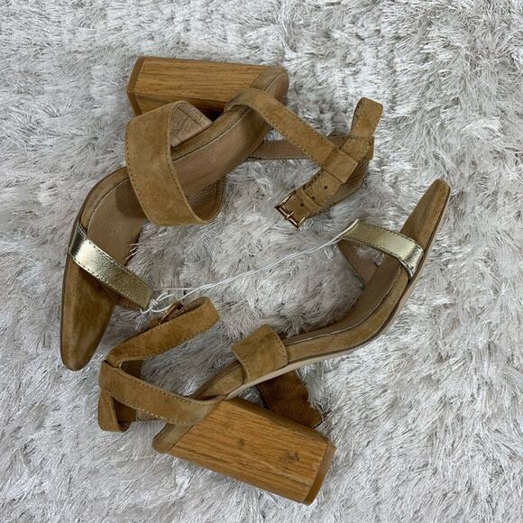 RAYE Gold Tan Suede Wood Heels Revolve Sz  8.5 - Picture 2 of 9